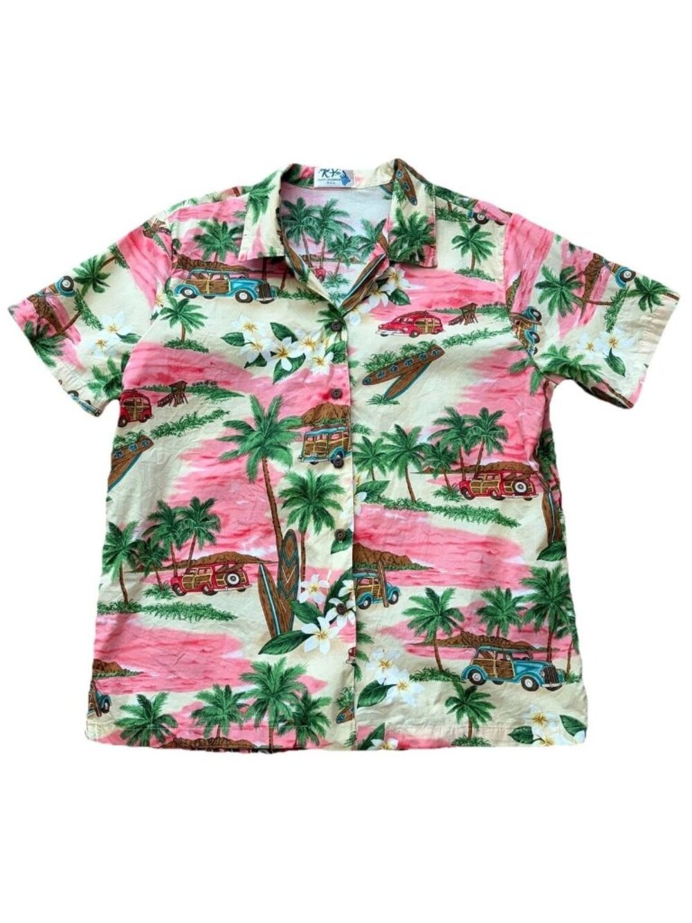 KY'S VTG Hawaiian Camp Medium Shirt USA Multicolor Surfboard Print Cotton Blend